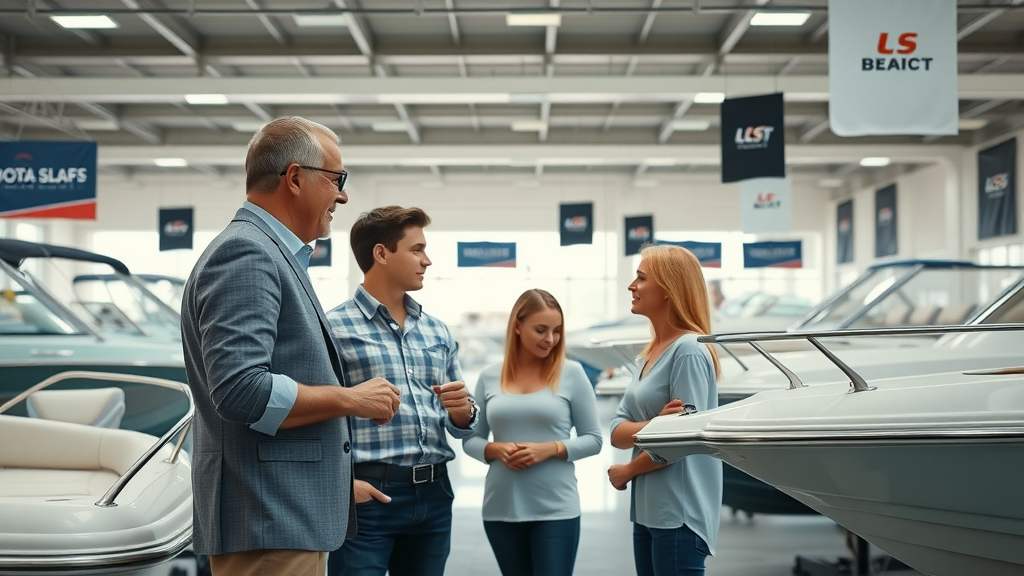 Boat dealer showcasing best deals to customers in a premium indoor showroom
