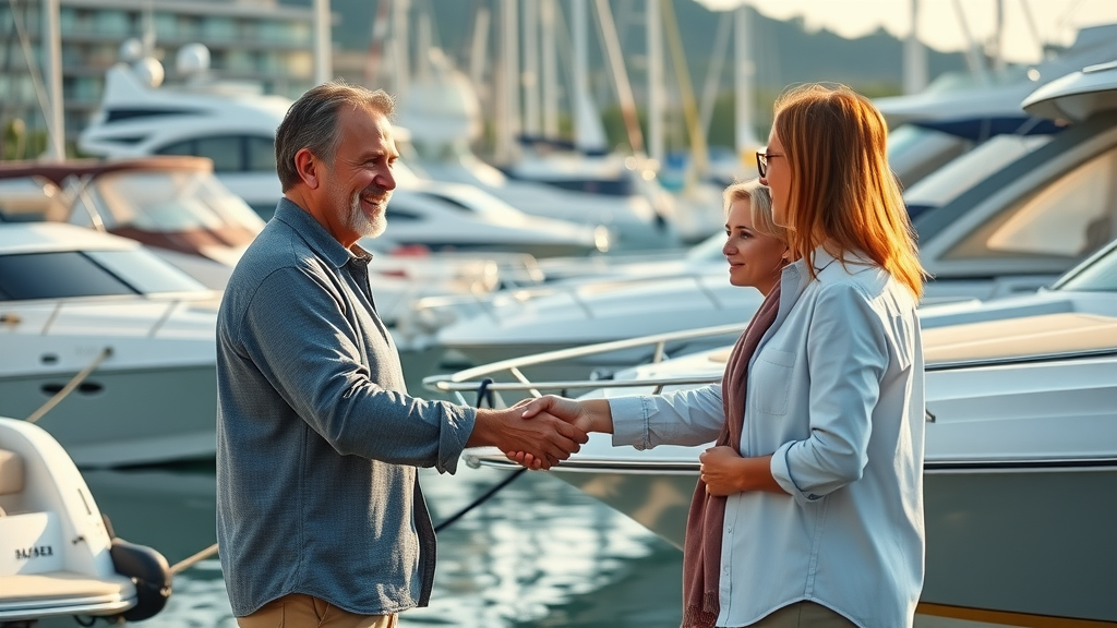 Friendly boat dealer helping customers buy quality boats at modern marina