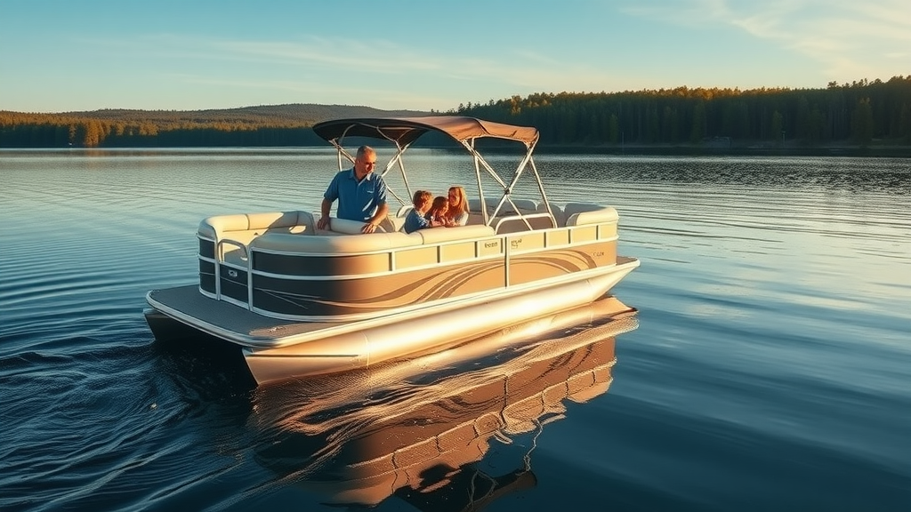 Boat dealer assisting family with new pontoon boat near beautiful lake